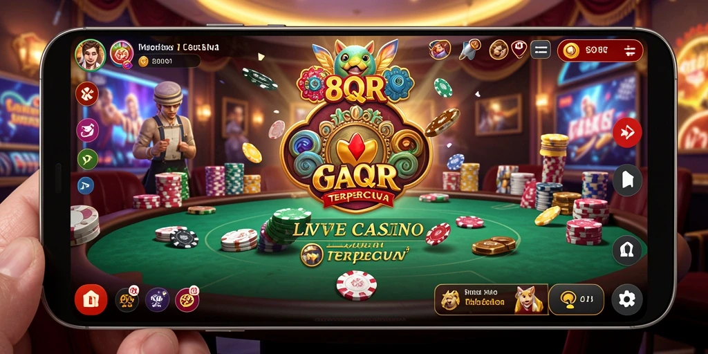 Tangkapan layar 8QR menampilkan dealer live dalam aksi permainan kasino.