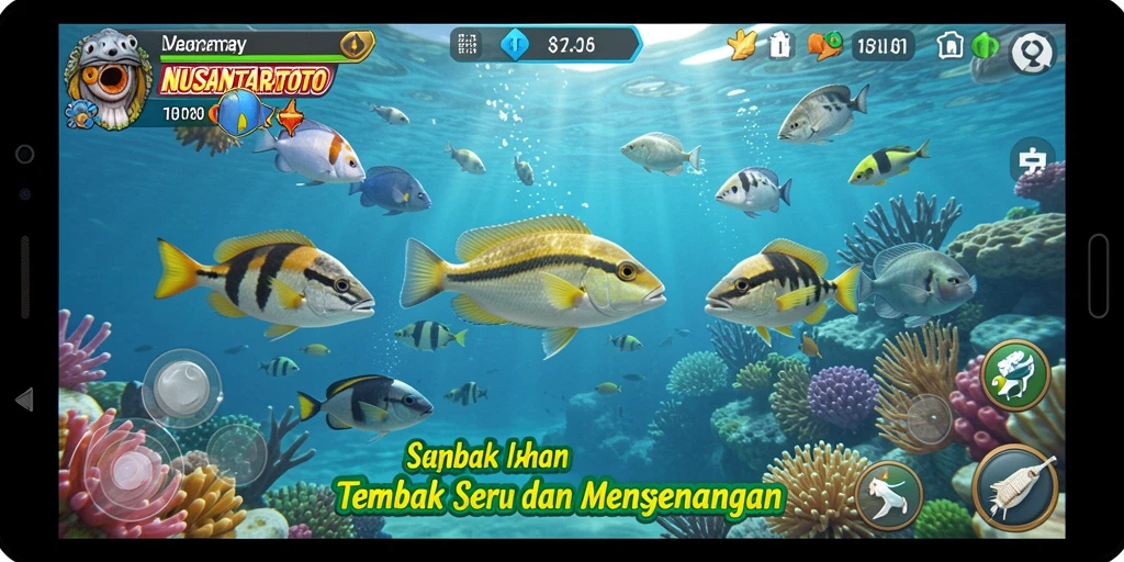 Tampilan gameplay menarik di NUSANTARATOTO dengan berbagai ikan untuk ditembak.
