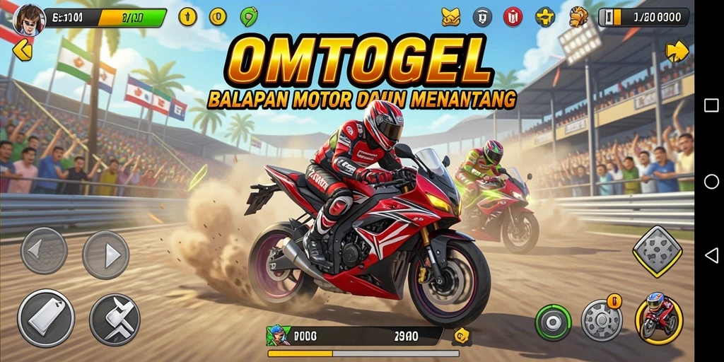 Tangkapan layar gameplay OMTOGEL yang menunjukkan balapan motor yang seru.
