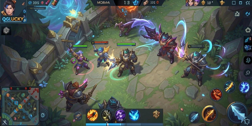 Tampilan menakjubkan dari gameplay QGLUCKY dalam pertempuran MOBA.